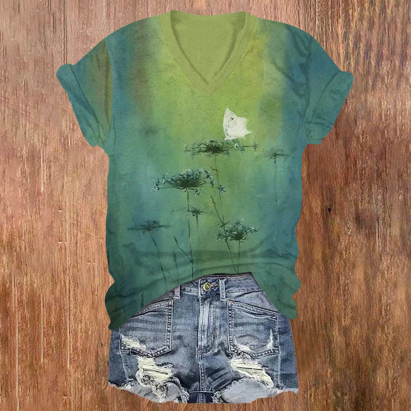 Oil Painting White Butterfly & Floral Art Print V-neck T-shirt - Green - US32-34(5XL) - image 1