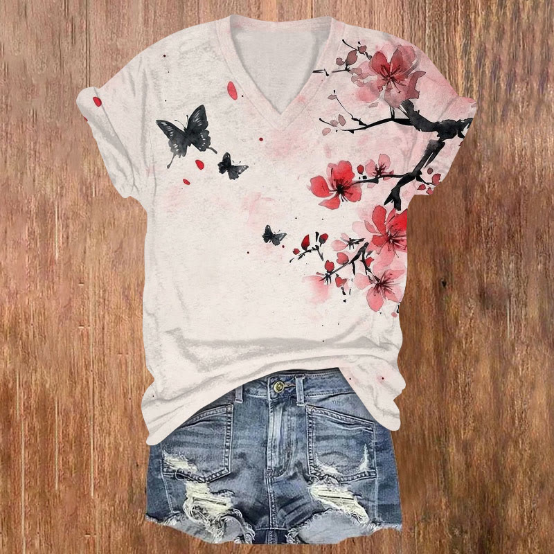 Japanese Watercolor Plum Blossom Butterfly Print V-neck T-shirt - Pink - US32-34(5XL) - image 1