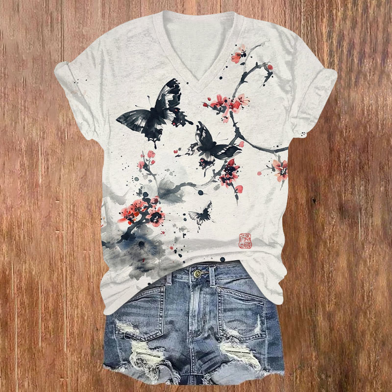 Japanese Style Plum Blossom Butterfly Print V-neck T-shirt - White - US32-34(5XL) - image 1