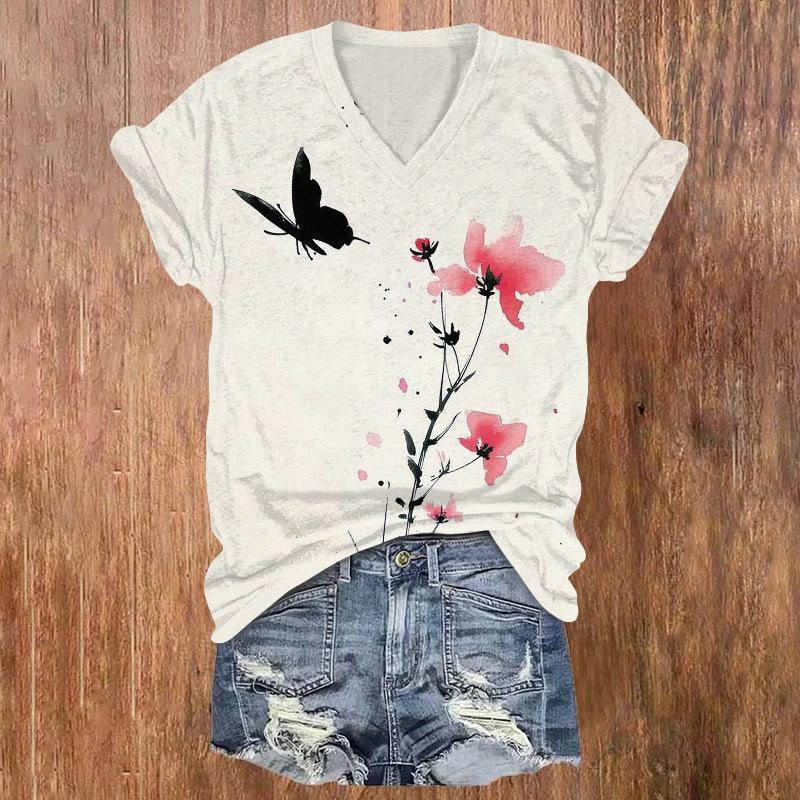 Japanese Floral Butterfly Print V-neck T-shirt - Beige - US32-34(5XL) - image 1