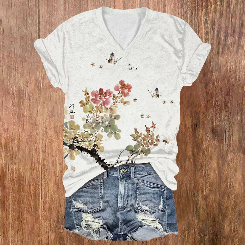 Butterflies And Bees Among Flowers Print V-neck T-shirt - White - US32-34(5XL) - image 1