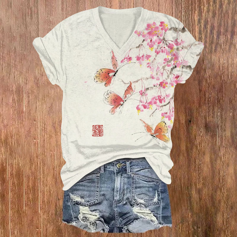 Butterflies Among Flowers Print V-neck T-shirt - White - US32-34(5XL) - image 1