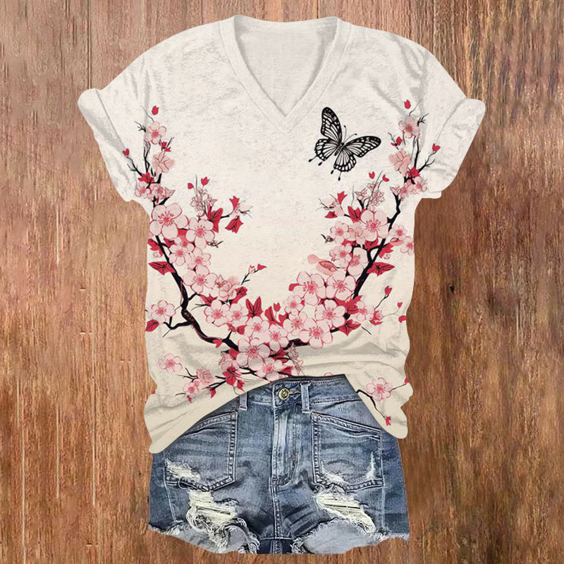 Butterfly Among Plum Blossoms Print V-neck T-shirt - Light Pink - US32-34(5XL) - image 1