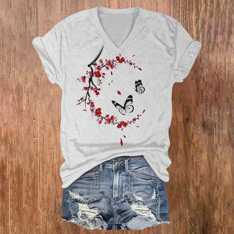Plum Blossom Moon Butterfly Print V-neck T-shirt - Light Gray - US32-34(5XL) - image 1