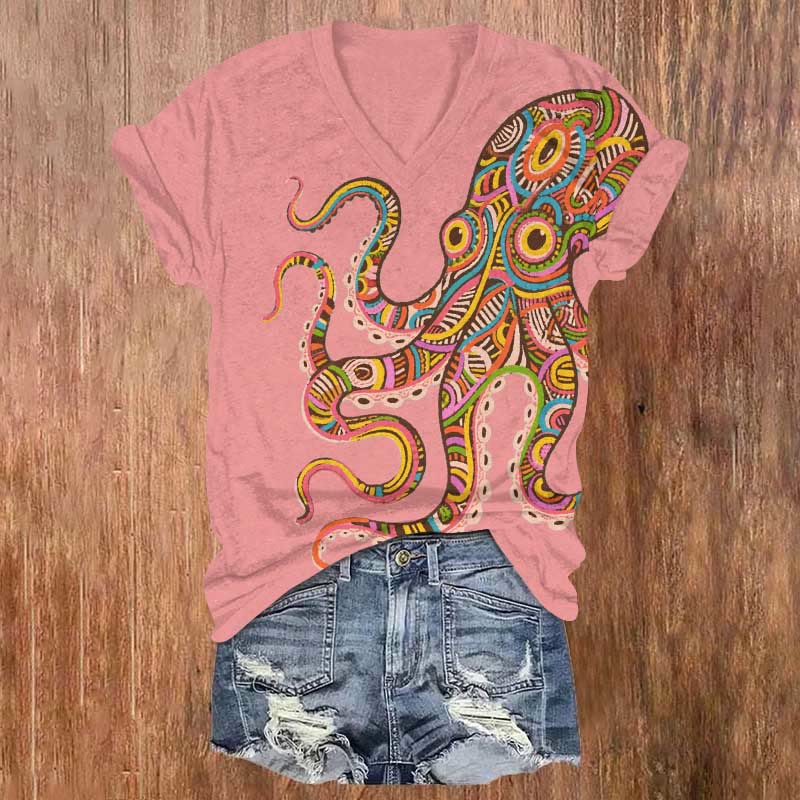 Rainbow Striped Octopus Art Print V-neck T-shirt - Pink - US32-34(5XL) - image 3