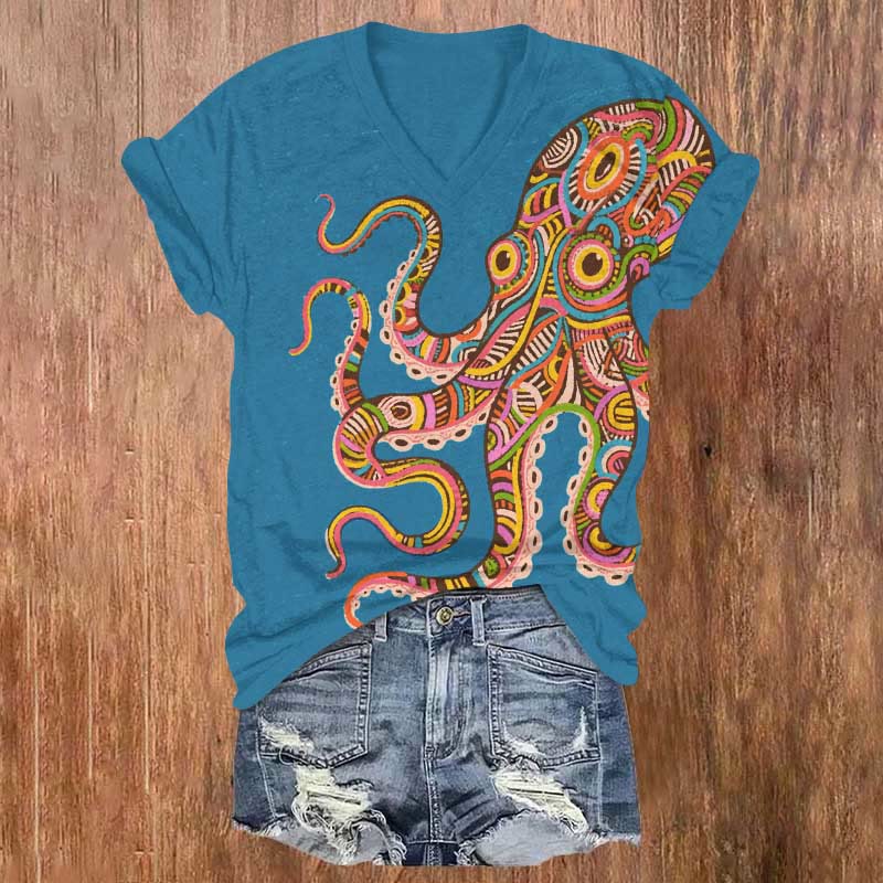 Rainbow Striped Octopus Art Print V-neck T-shirt - Blue - US32-34(5XL) - image 1