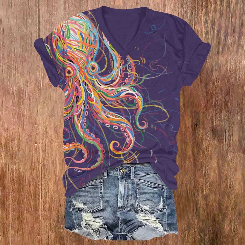 Print V-neck T-shirt - Purple - US32-34(5XL) - image 1