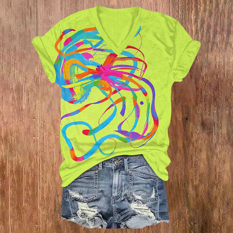 Rainbow Abstract Lines Art Print V-neck T-shirt - Green - US32-34(5XL) - image 1