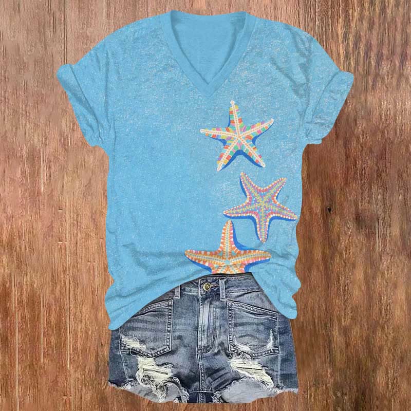 Rainbow Shell Starfish Art Print V-neck T-shirt - Sky Blue - US32-34(5XL) - image 1