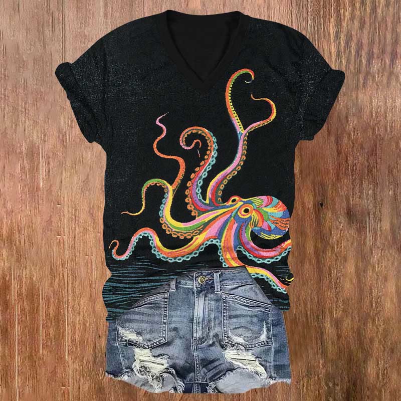 Rainbow Dancing Octopus Art Print V-neck T-shirt - Black - US32-34(5XL) - image 1