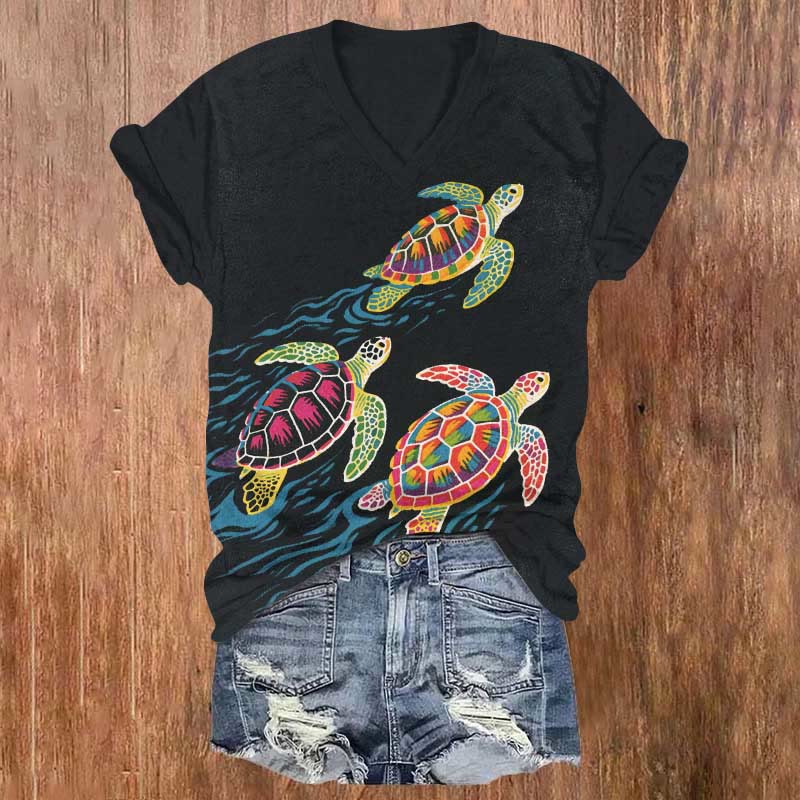 Rainbow Sea Turtle Art Print V-neck T-shirt - Black - US32-34(5XL) - image 1