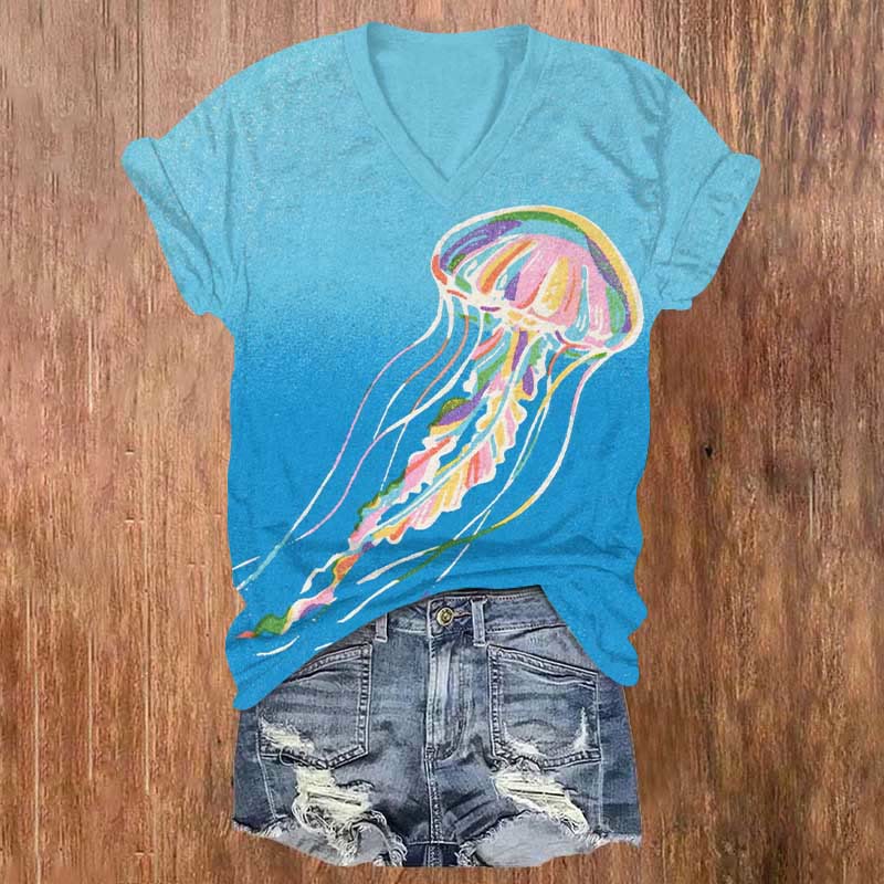 Rainbow Jellyfish Art Print V-neck T-shirt - Sky Blue - US32-34(5XL) - image 1