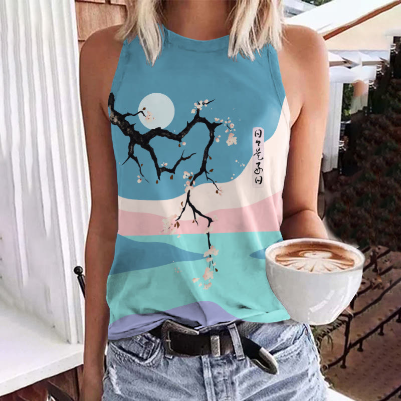 Rainbow Fuji Mountain & Floral Art Print Crew Neck Tank Top - Blue - 5XL - image 1