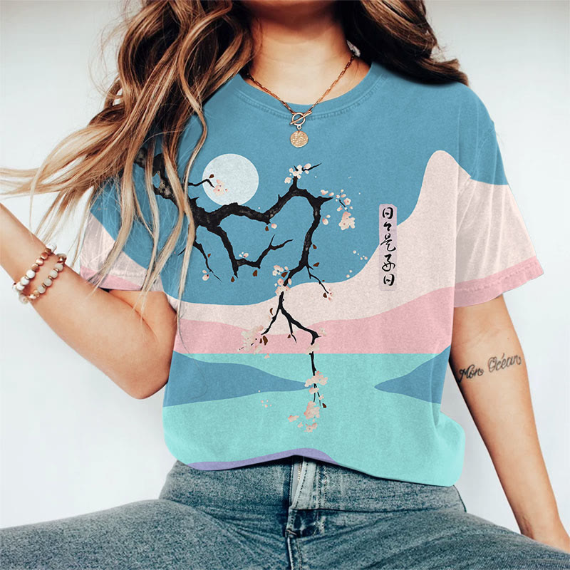 Rainbow Fuji Mountain & Floral Art Print Casaul T-shirt - Blue - US44-46(8XL) - image 1