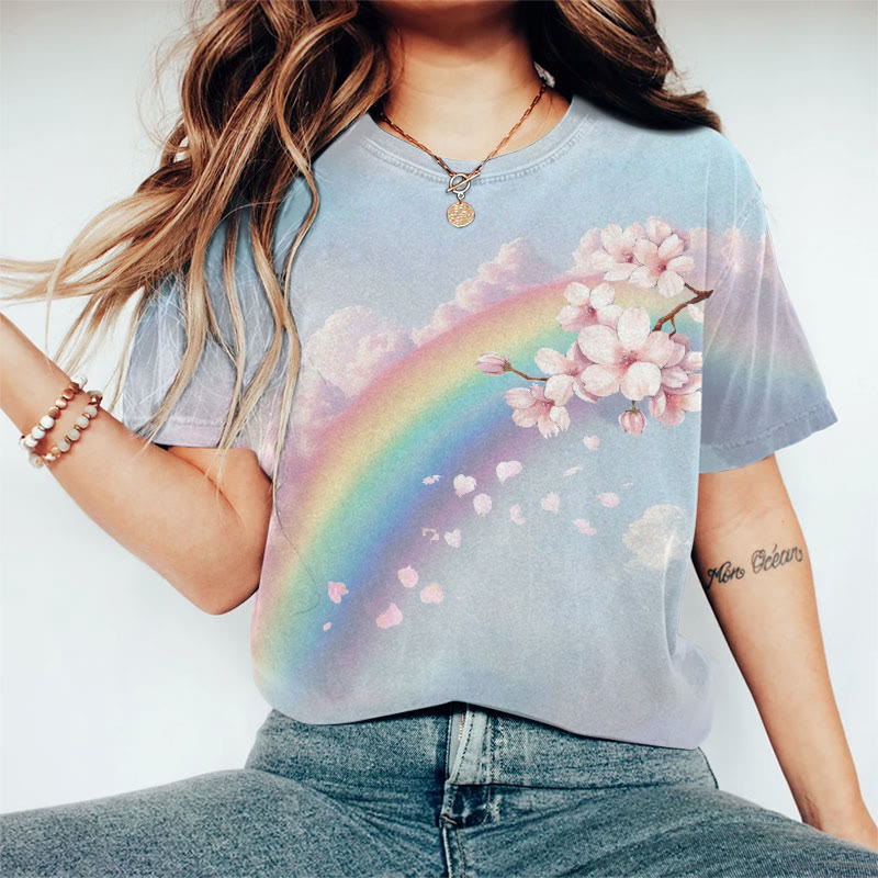 Rainbow And Cherry Blossoms Art Print Casaul T-shirt - Blue - US44-46(8XL) - image 1