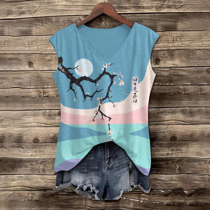 Rainbow Fuji Mountain & Floral Art Print V-neck Tank Top - Blue - 5XL - image 1