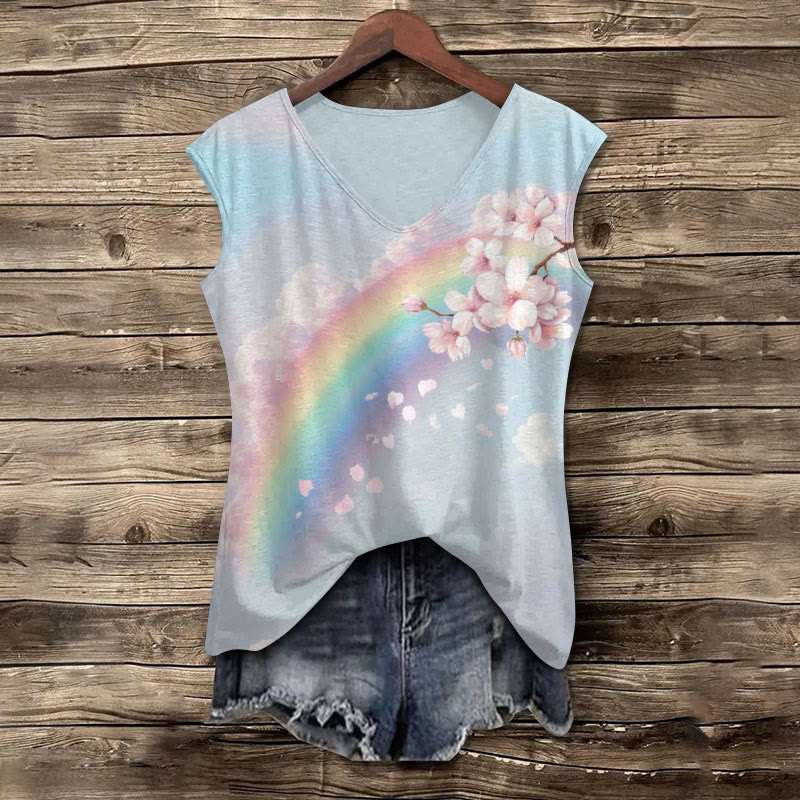 Rainbow And Cherry Blossoms Art Print V-neck Tank Top - Blue - 5XL - image 1
