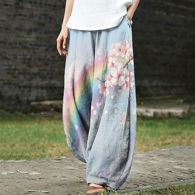 Rainbow And Cherry Blossoms Art Print Casual Pants - Blue - US18(5XL) - image 1