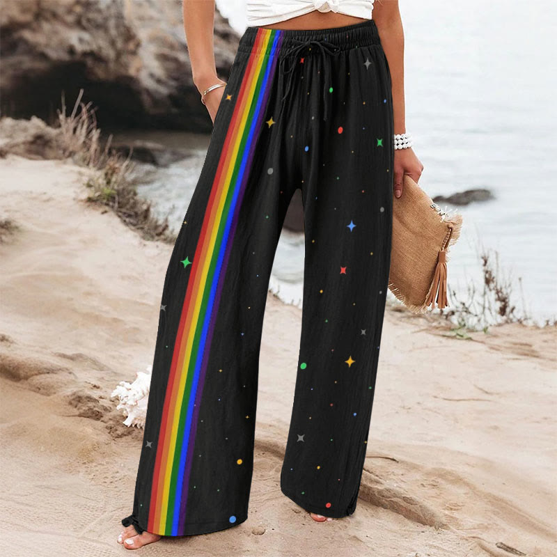 Rainbow Striped Starry Universe Art Printed Casual Pants - Black - 6XL - image 1