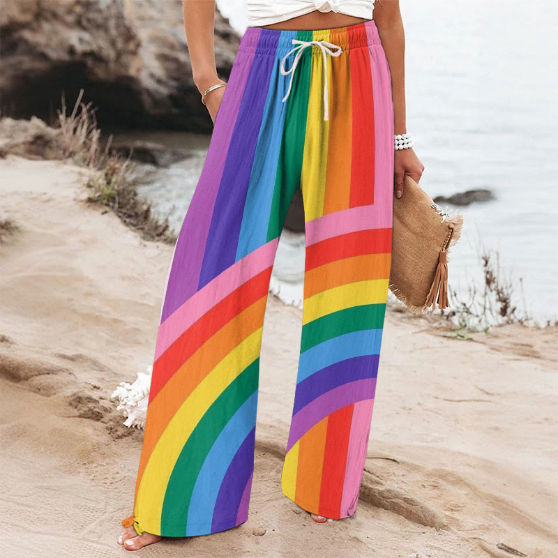 Rainbow Striped Patchwork Art Printed Casual Pants - Multicolor - 6XL - image 1