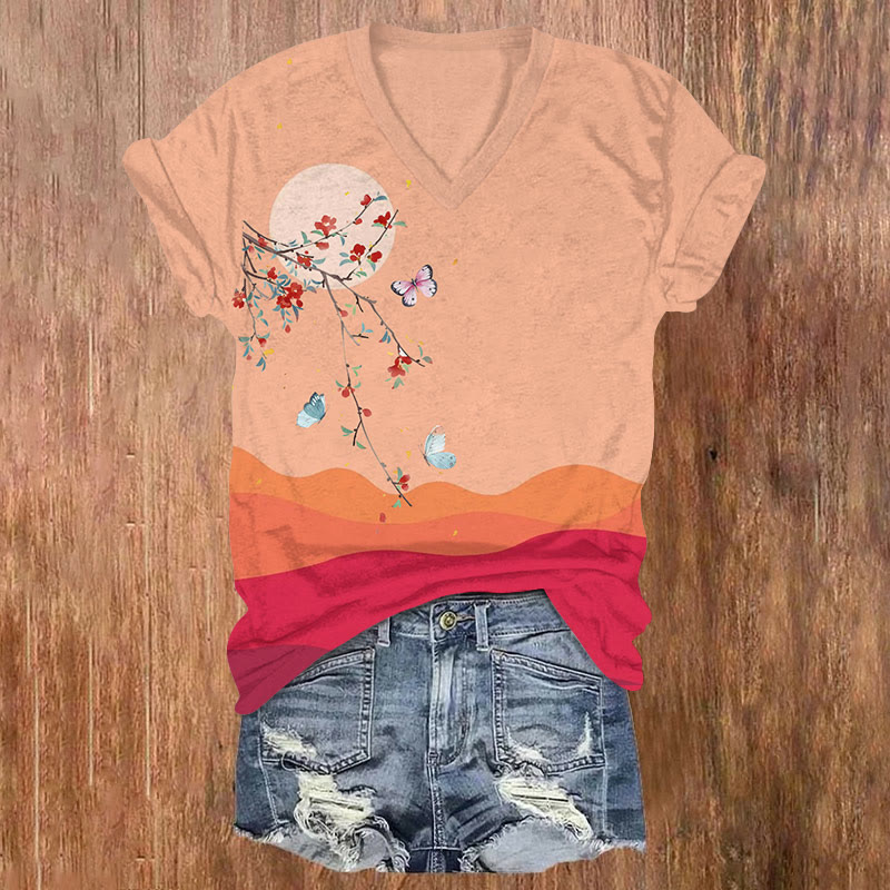 Romantic Sunset Butterfly & Floral Art T-shirt - Orange - US32-34(5XL) - image 1