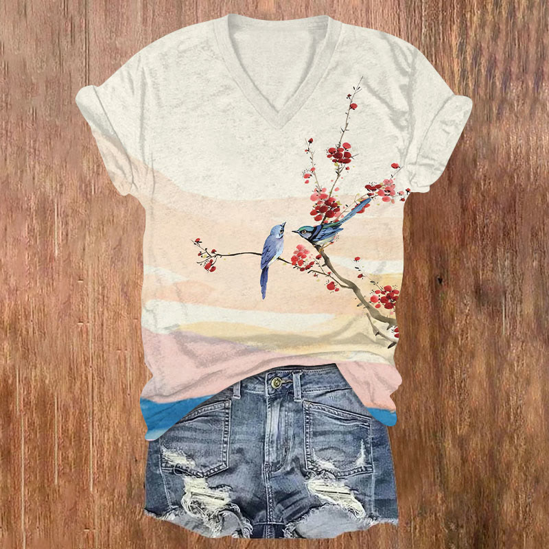 Couple Birds Whisper On The Flower Branches Art T-shirt - Beige - US32-34(5XL) - image 1