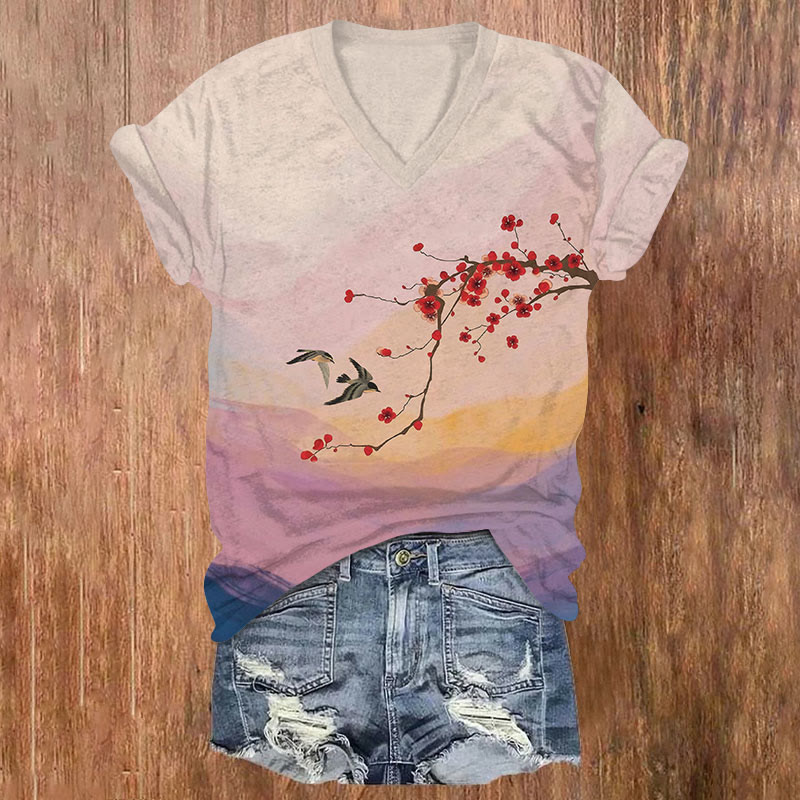 Vintage Sunrise Cherry Blossom & Swallow Art T-shirt - Light Purple - US32-34(5XL) - image 1