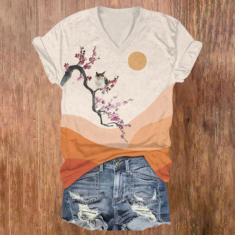 Vintage Sunset Owl On Sakura Tree Art T-shirt - Beige - US32-34(5XL) - image 1
