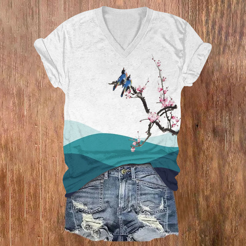 Vintage Sakura Tree & Cute Birds Art T-shirt - White - US32-34(5XL) - image 1