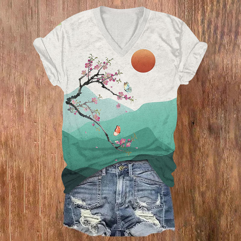 Vintage Sun & Cherry Blossom & Butterfly Art T-shirt - Green - US32-34(5XL) - image 1