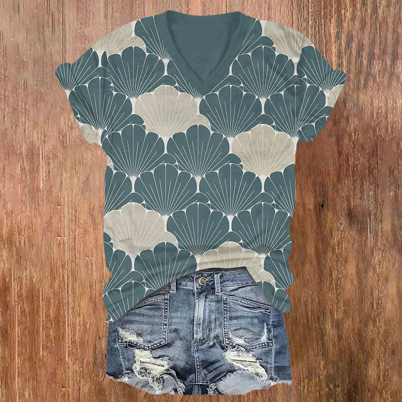 Vintage Contrast Ginkgo Leaf  Pattern Print V-neck T-shirt - Olive Green - US32-34(5XL) - image 1