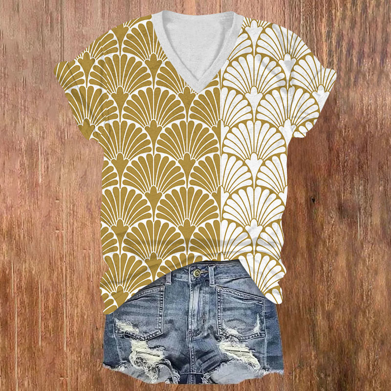 Vintage Ginkgo Leaf Art Print V-neck T-shirt - Champagne - US32-34(5XL) - image 1