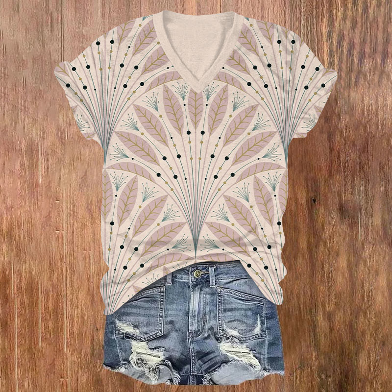 Vintage Peacock Feather Art Print V-neck T-shirt - Pink - US32-34(5XL) - image 1