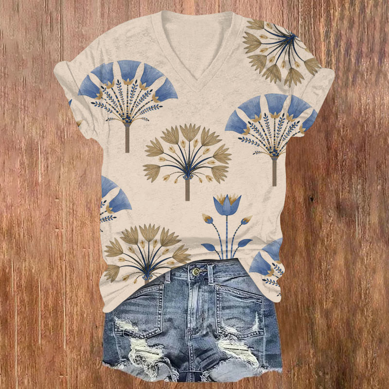 Mystical Ethnic Bouquet Art Print V-neck T-shirt - Apricot - US32-34(5XL) - image 1