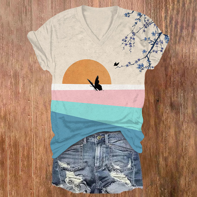 Rainbow Sunset Black Butterfly & Floral Art Print T-shirt - Multicolor - US32-34(5XL) - image 1