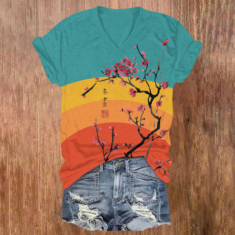 Japanese Rainbow Sakura Art Print T-shirt - Multicolor - US32-34(5XL) - image 1