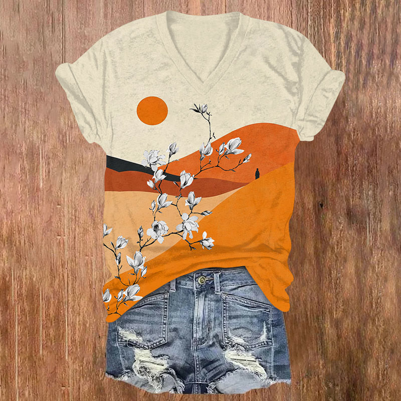 Vintage Sunrise Mountain & Pear Blossom Art Print T-shirt - Orange - US32-34(5XL) - image 1