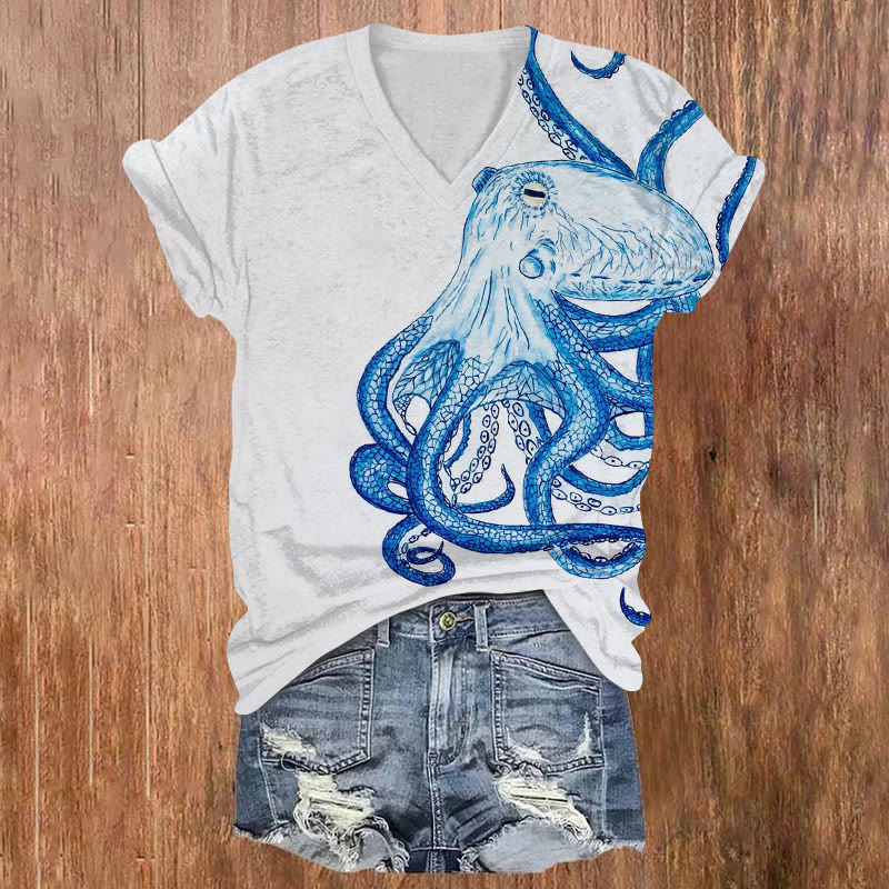 Simple Asymmetrical Octopus Print V-neck T-shirt - White - US32-34(5XL) - image 1