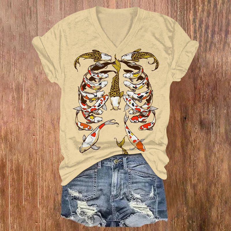 Creative Koi Skeleton Print V-neck T-shirt - Yellow - US32-34(5XL) - image 1