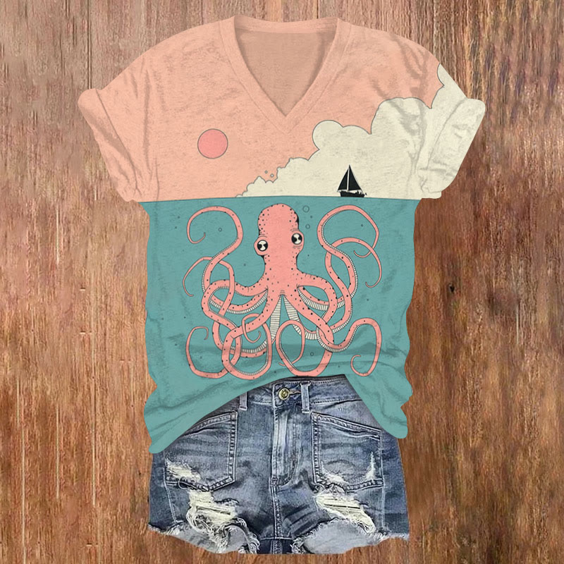 Creative Japanese Octopus Print V-neck T-shirt - Pink - US32-34(5XL) - image 1