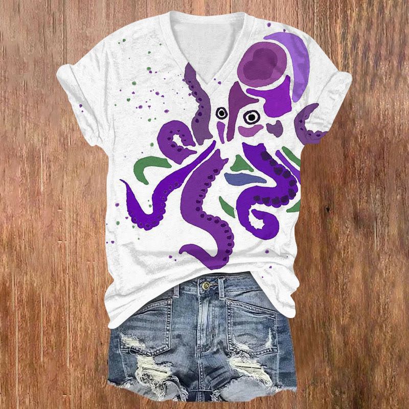 Creative Watercolor Octopus Print V-neck T-shirt - White - US32-34(5XL) - image 1