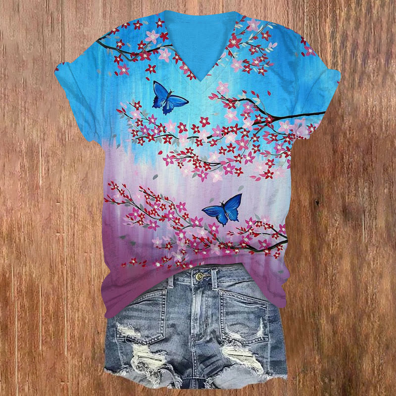 Ombre Plum Blossom Butterfly Print V-neck T-shirt - Purple - US32-34(5XL) - image 1