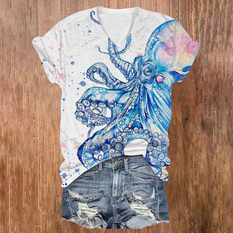 Creative Ink Splash Octopus Print V-neck T-shirt - Blue - US32-34(5XL) - image 1