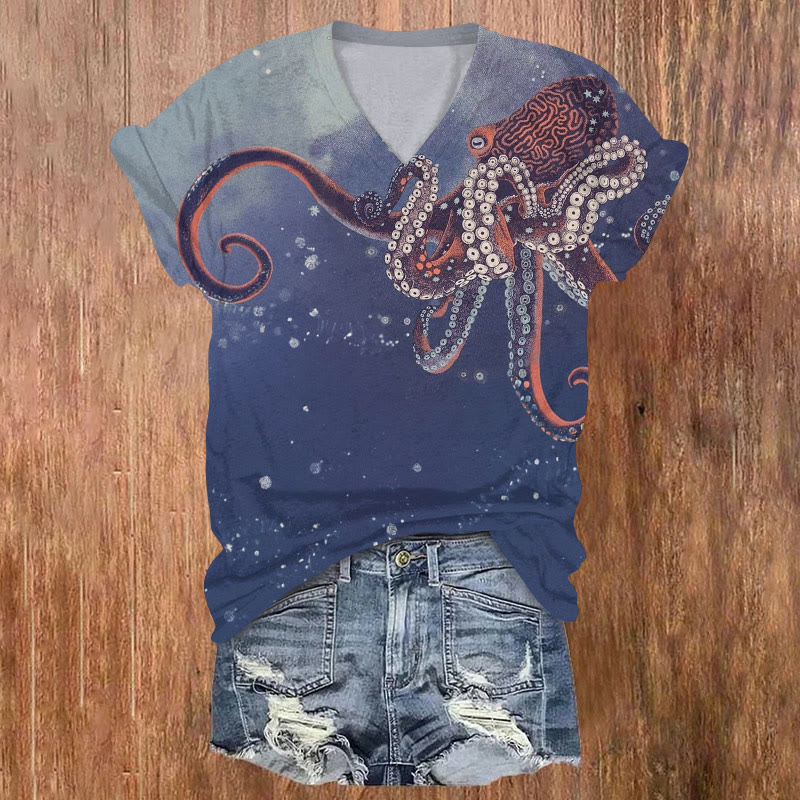 Retro Creative Octopus Print V-neck T-shirt - Purple - US32-34(5XL) - image 1