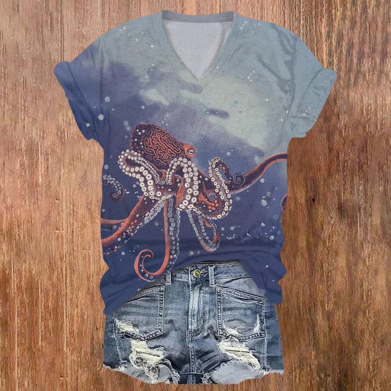 Retro Ombre Octopus Print V-neck T-shirt - Purple - US32-34(5XL) - image 1