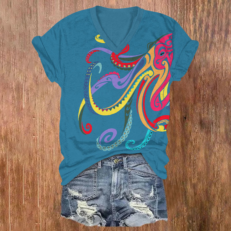 Funny Rainbow Octopus Art T-shirt - Blue - US32-34(5XL) - image 1