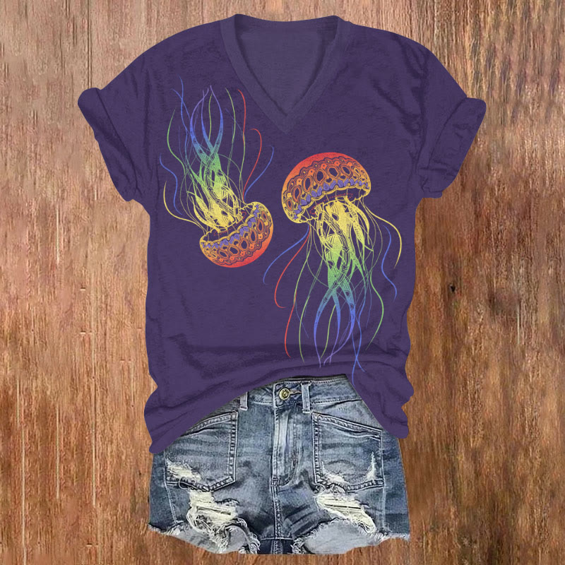 Fantasy Rainbow Jellyfish Art T-shirt - Purple - US32-34(5XL) - image 1