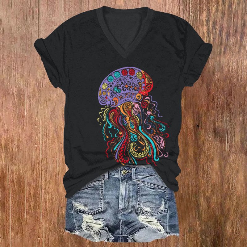 Creative Ethnic Rainbow Octopus Art T-shirt - Black - US32-34(5XL) - image 1