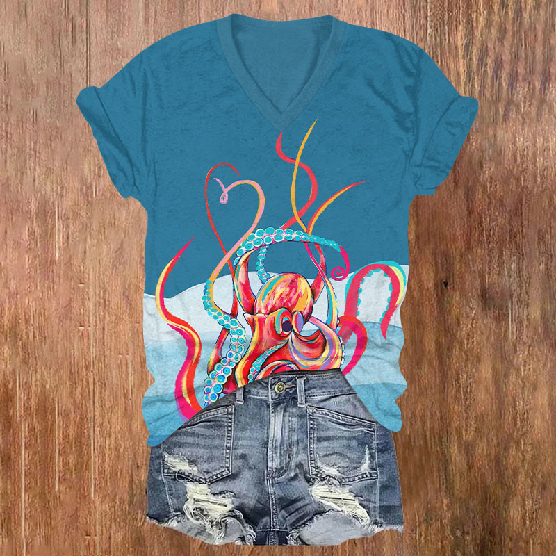 Funny Dancing Rainbow Octopus Art T-shirt - Blue - US32-34(5XL) - image 1