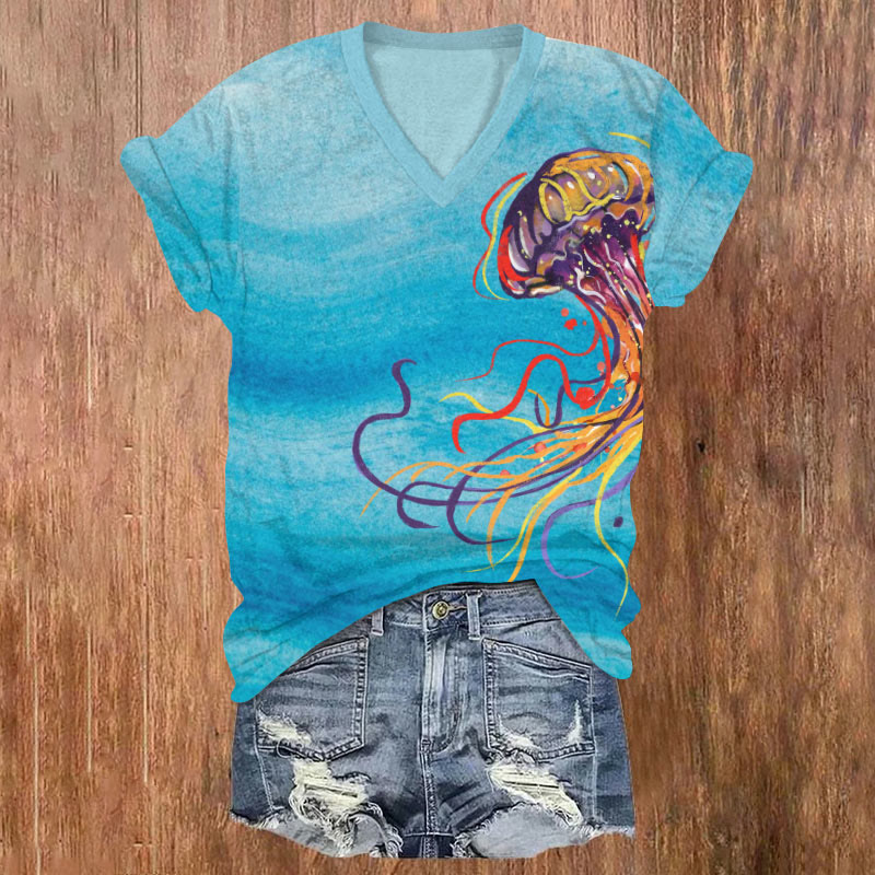 Oil Painting Dancing Rainbow Octopus Art T-shirt - Blue - US32-34(5XL) - image 1